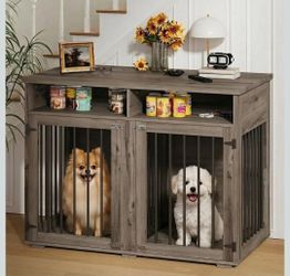 Dog Crate for 2 Dogs, 41" Dog Crate Furniture with Removable Divider, Storage Shelves and Wide Desktop for Small to Medium Dogs, Grey