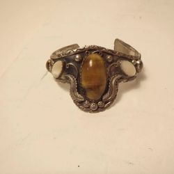 Sterling Silver Tiger's Eye/Mother of Pearl Cuff Bracelet Signed RN