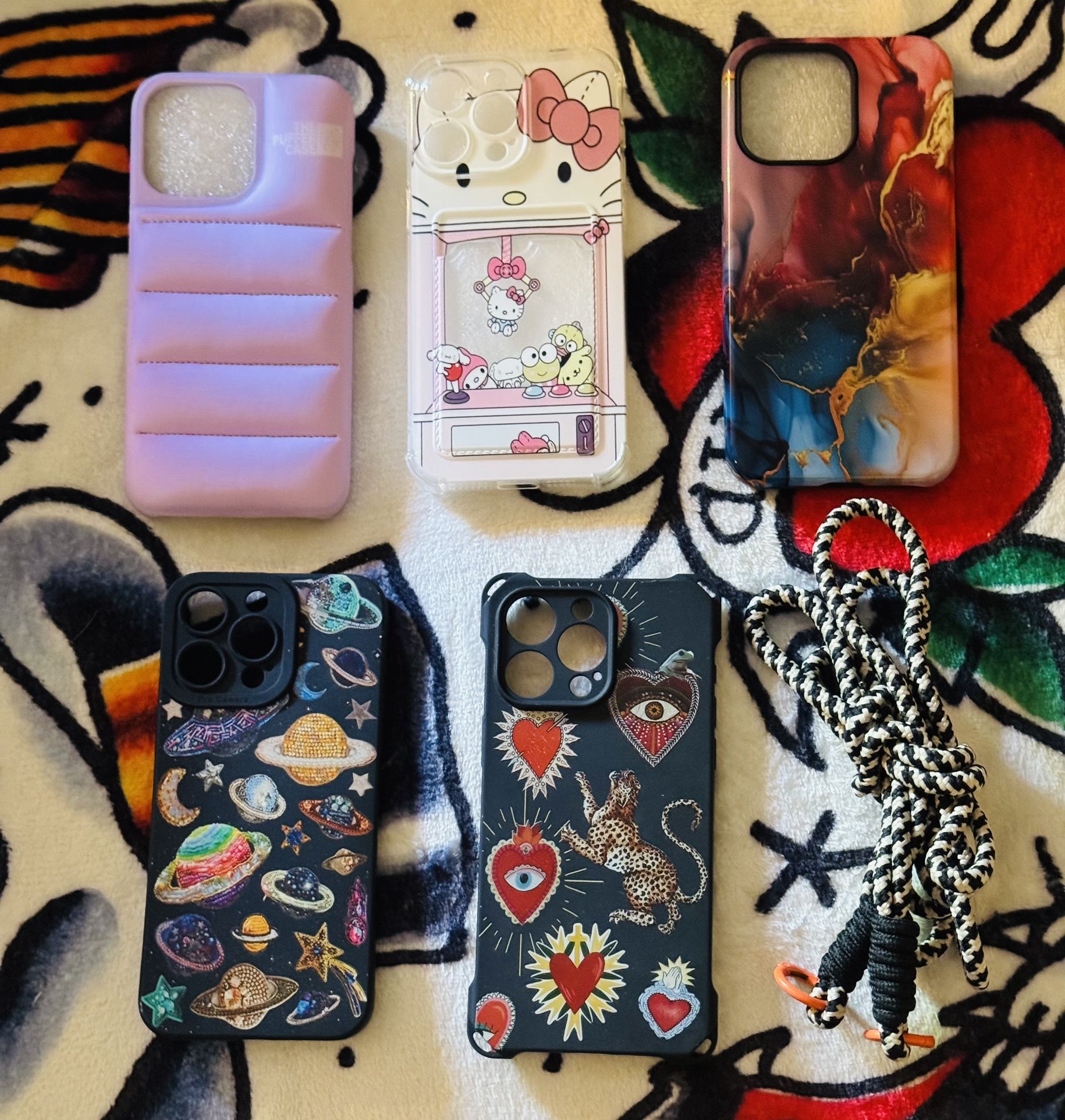 5 iPhone 15 Pro Max Cases Bundle ALL NEW Hello Kitty Puffer Crossbody Celestial