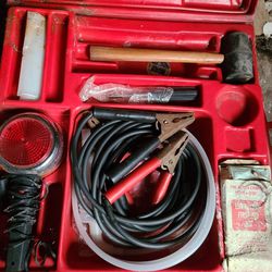 Ride A Way Auto Emergency Kit In Case. Jumper Cables, Siphon Hose, Rubber Mallet, Spot Light. West, 
