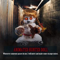 10 Inch Animatronic Creepy Girl Doll Halloween Animated Decorations Sound Activated Spooky Light Up Eyes Scary Move Haunted House