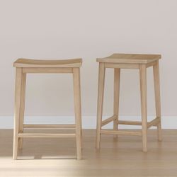Plank+Beam Smythe Counter Stool, 24", Set of 2, Sturdy Wood Modern Kitchen Counter Height Stool, Saddle Seat Backless Counter Chair, Metal Footrest, B