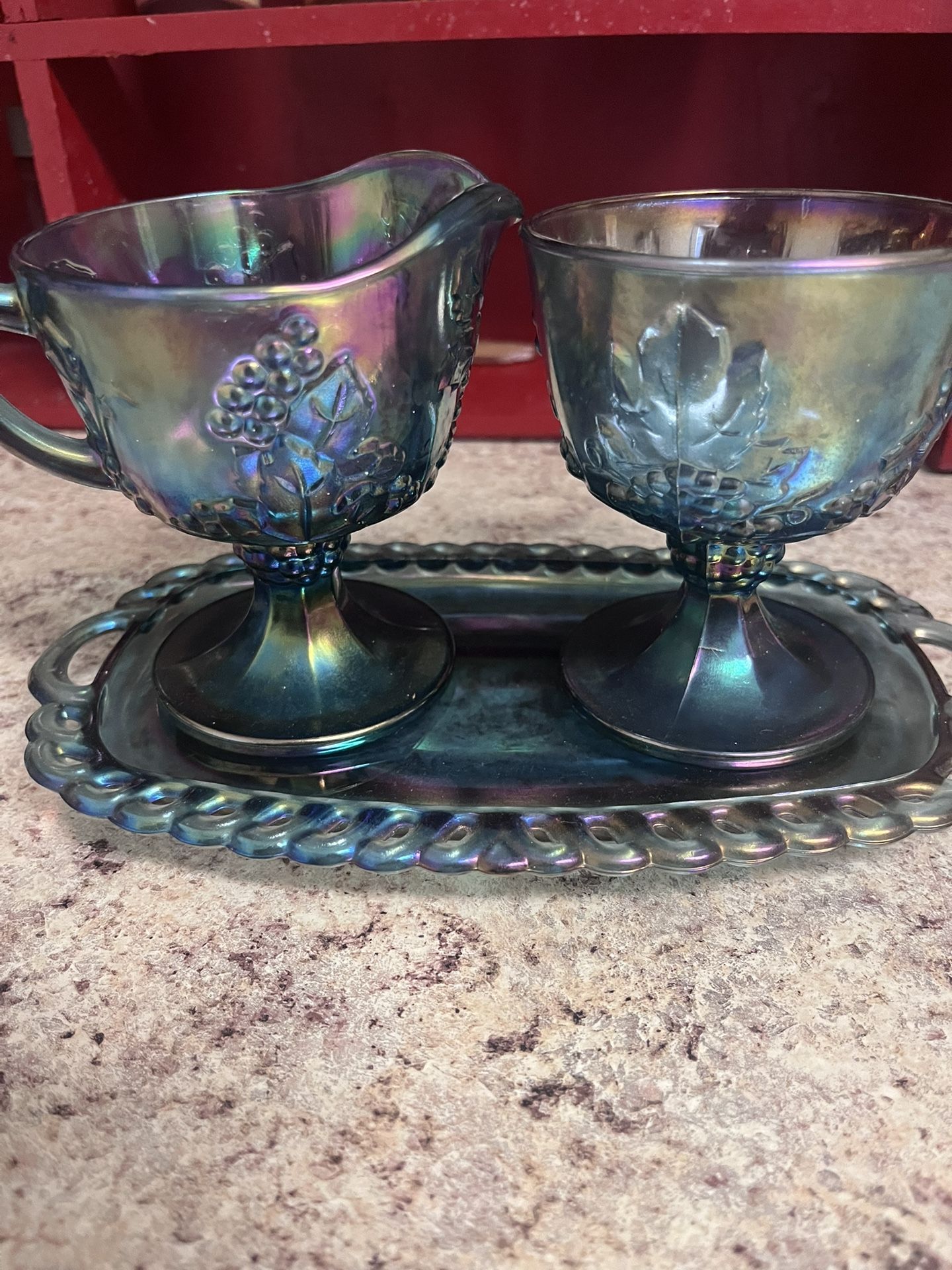 Vintage Carnival Blue Creamer/Sugar Set With Tray