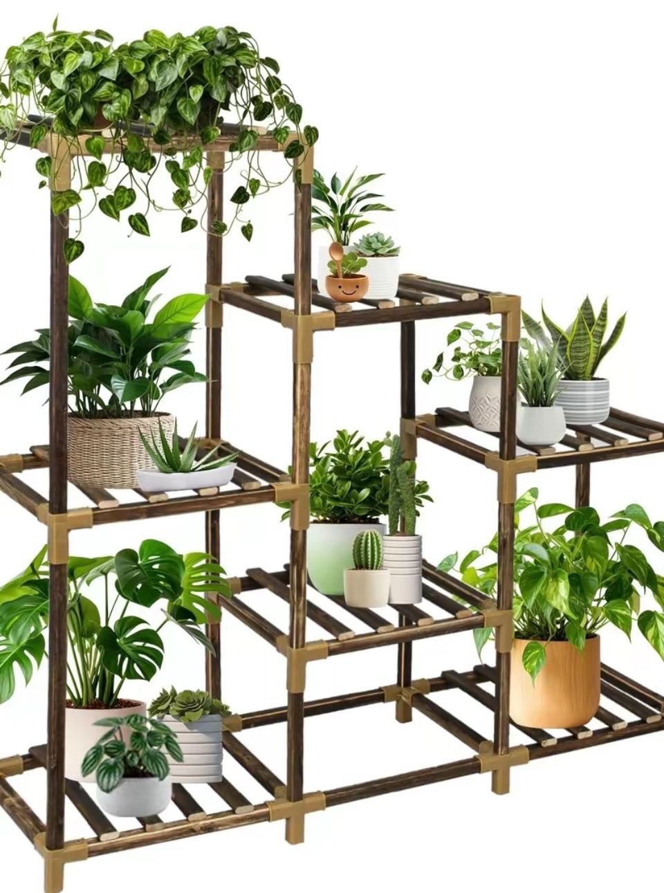 Plant Stand Indoor Plant Shelf Outdoor Wood Plant Rack for Multiple Plants 3 Tiers Ladder Plant Holder for 7 Plant Pots for Living Room Boho Home Deco
