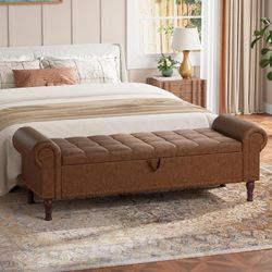 60" Entryway Bench with Storage, PU Leather Bench Chest with Tufted Button, Upholstered Ottoman Bench with Rolled Arms for Living Room, Storage Room, 