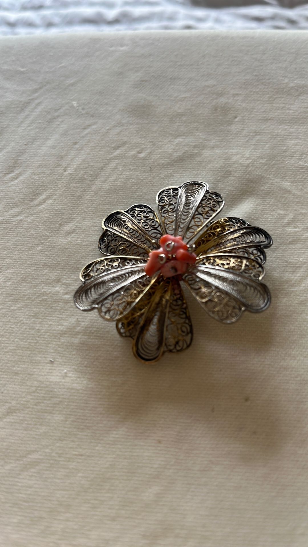 Vintage 800 Silver Filigree Coral Brooch