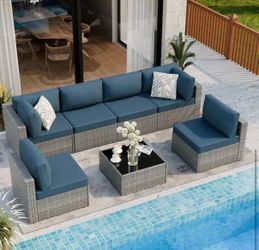 7-Piece Wicker Outdoor Sectional Sofa Set with Blue Cushions  (HN)
