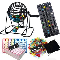 Yuanhe Deluxe Bingo Game Set Metal Round Cage, 75 Colored Bingo Balls CardsChips
