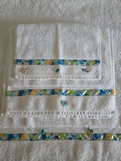 3 Bathroom towels  handmade beach style ribbon & buttons