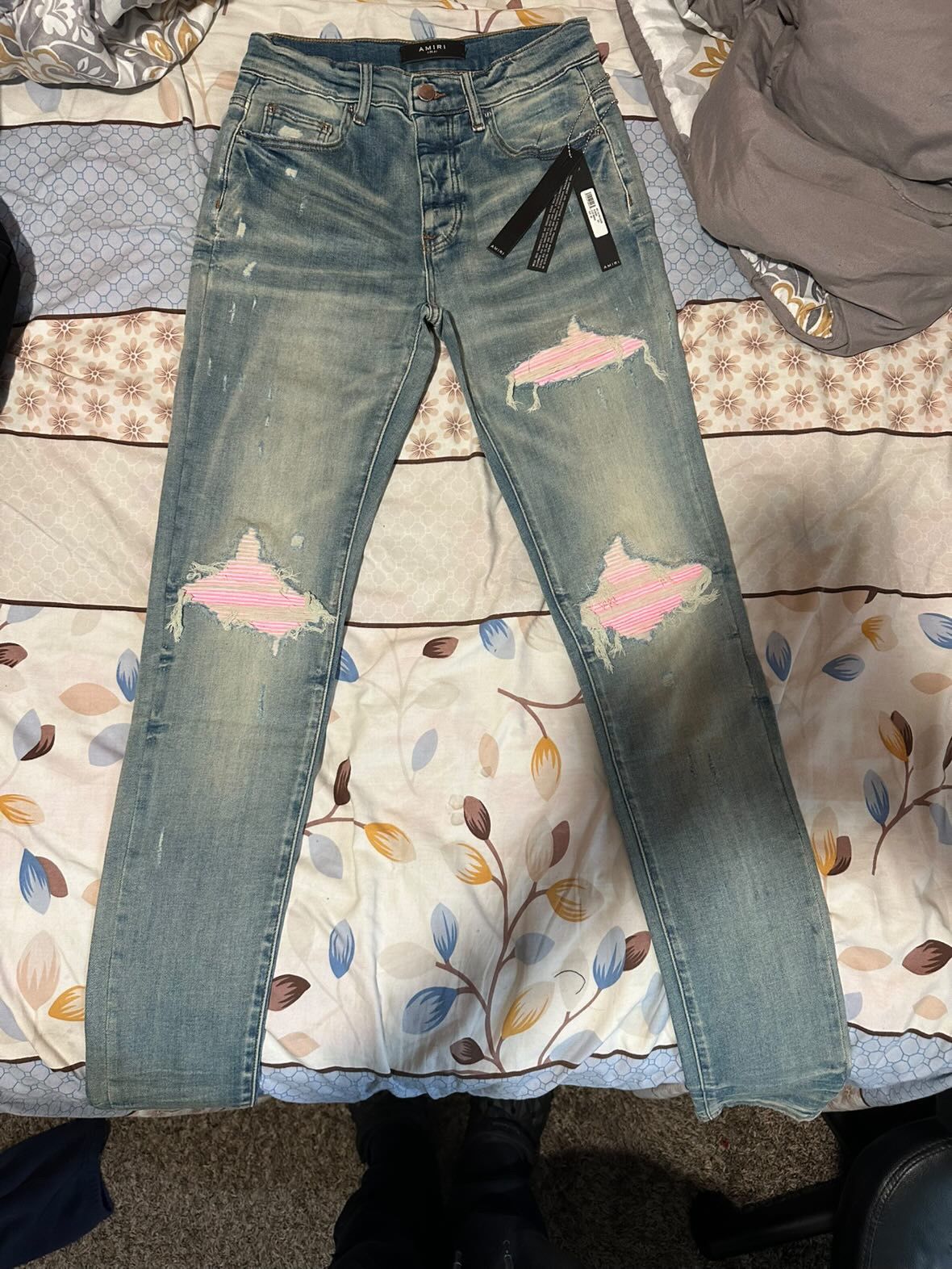 Amiri Mx1 Pink Patch Ultrasuede Jeans