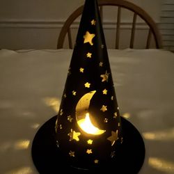 Lighted Witch Hat With Moon And Stars Cutouts Halloween Decor Metal
