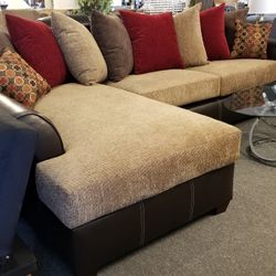 Brand New 118" x 70" Brown Fabric/Leather Pillow Style Sectional