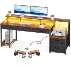 AODK Office Desk with File Drawer, 71 Inch Reversible Computer Desk with 4 Drawers & Power Outlet, LED Strip, Home Office Desk with Monitor Shelf & CP