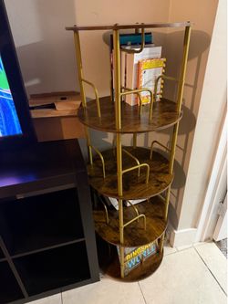 Industrial 5 Tier Corner Bookshelf Bookcase Wood & Gold Metal Shelf