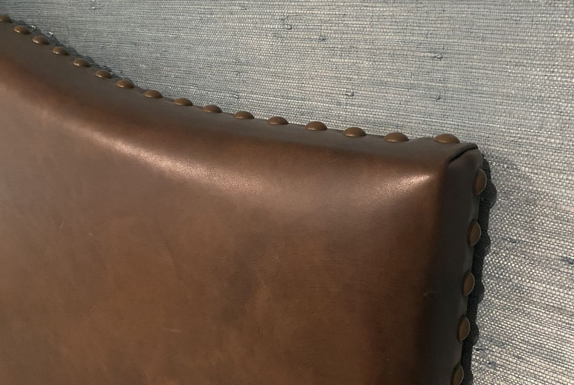 Pottery Barn Leather King Raleigh Curved Headboard with Bronze Nailhead Trim