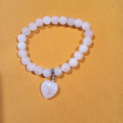 8 inch Genuine Rose Quartz Beads & Heart Bracelet (Hanging on Sterling Silver Hinge)