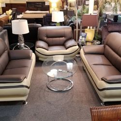 Brand New Brown/Gray Bonded Leather Modern Sofa + Loveseat + Chair 3PCs Set