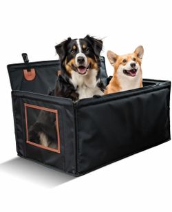 Large Dog Car Seat for Medium Sized Dog or 2 Small Dogs. Waterproof, Mesh Sides with Supporting Rods, Dual Seat Belt, Enclosed, Foldable & Hard Bottom