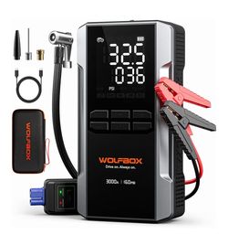 WOLFBOX MV16A 3000A Jump Starter with Air Compressor, 59.2Wh&160PSI Portable Car Battery Jump Starter with 65W Fast Charging, 12V Battery Pack (8L Gas