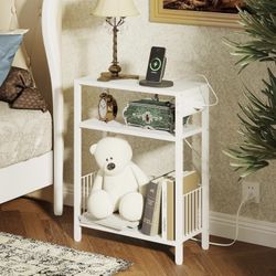 Narrow Side Table with Charging Station, Small End Table for Small Spaces, Slim Nightstand with Storage Basket, 3 Tier Skinny Bedside Table for Living