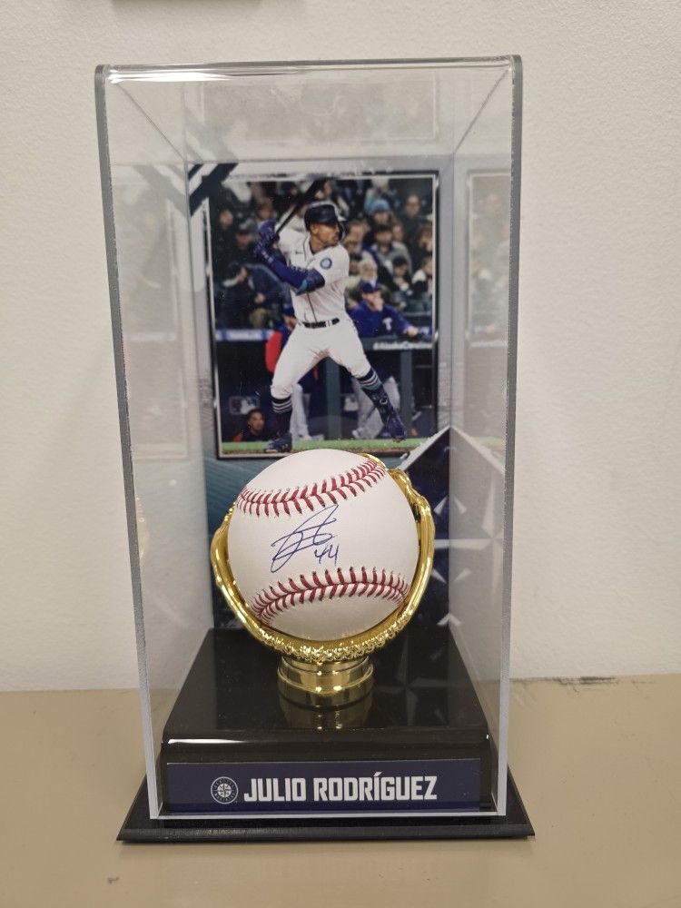 Julio Rodriguez Autographed baseball and Glove display case