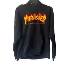 Genuine Thrasher Flame Logo Hoodie - Black Size Small Live To Skate Skate To Die  This black Thrasher hoodie is a must-have for any skater or streetwe
