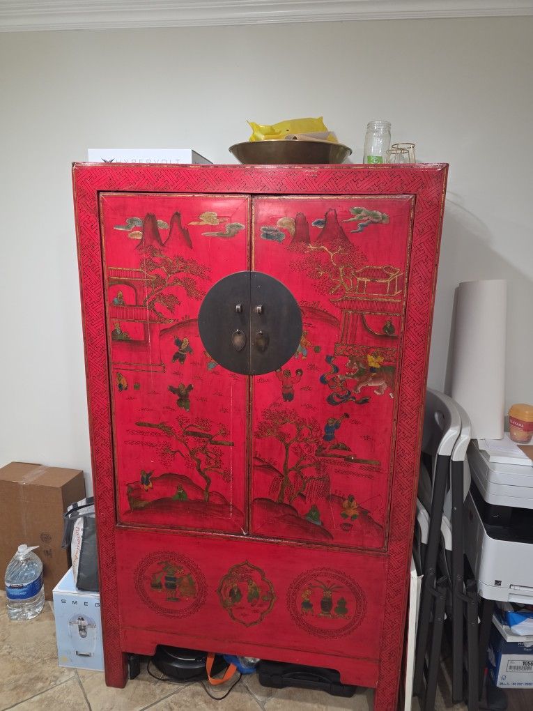 Red Chinese Style Antique Painted Cabinet -armoire