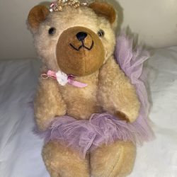 Vtg Teddy Bear Jointed purple dress bow Ballerina Princess Mini Little