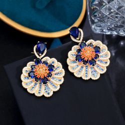 Luxury Micro Pave 18K Gold Plated Blue 5A Cubic Zirconia Bridal Dangle Earrings