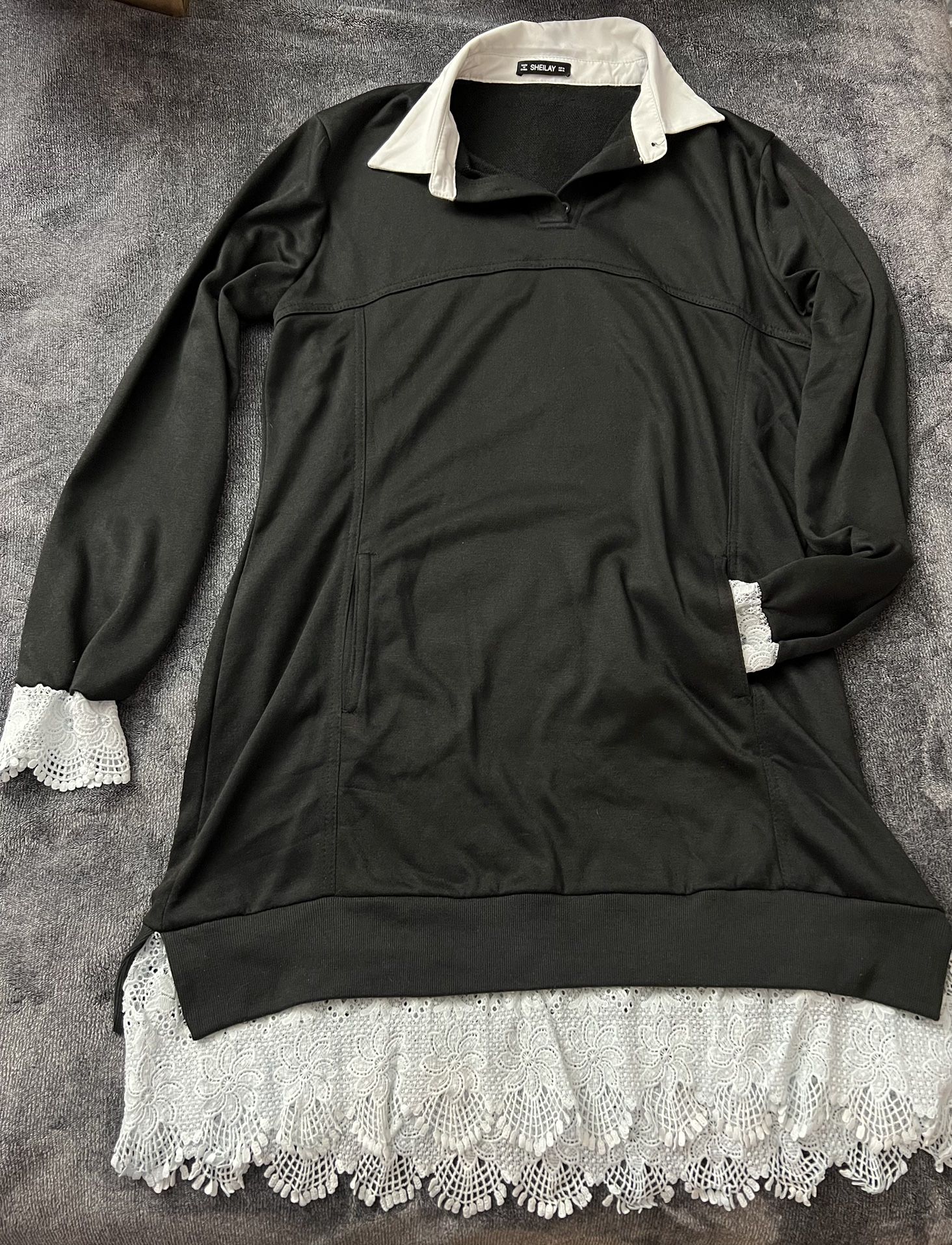 XL Winter Women's Floral Lace Long Puff Sleeve Pullover Sweater Dress Lapel Casual Tunic A-line Blouse Dress with Pockets BLACK