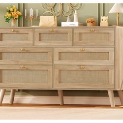 47.2''Wide 7 Drawer Rattan Dresser, Boho Dresser for Bedroom, Chest of Drawers, Closet Organizer, Natural Wood Dressers Chest for Bedroom