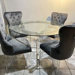 Modern 5 Pc Dining Set | Clear & Velvet Chairs 