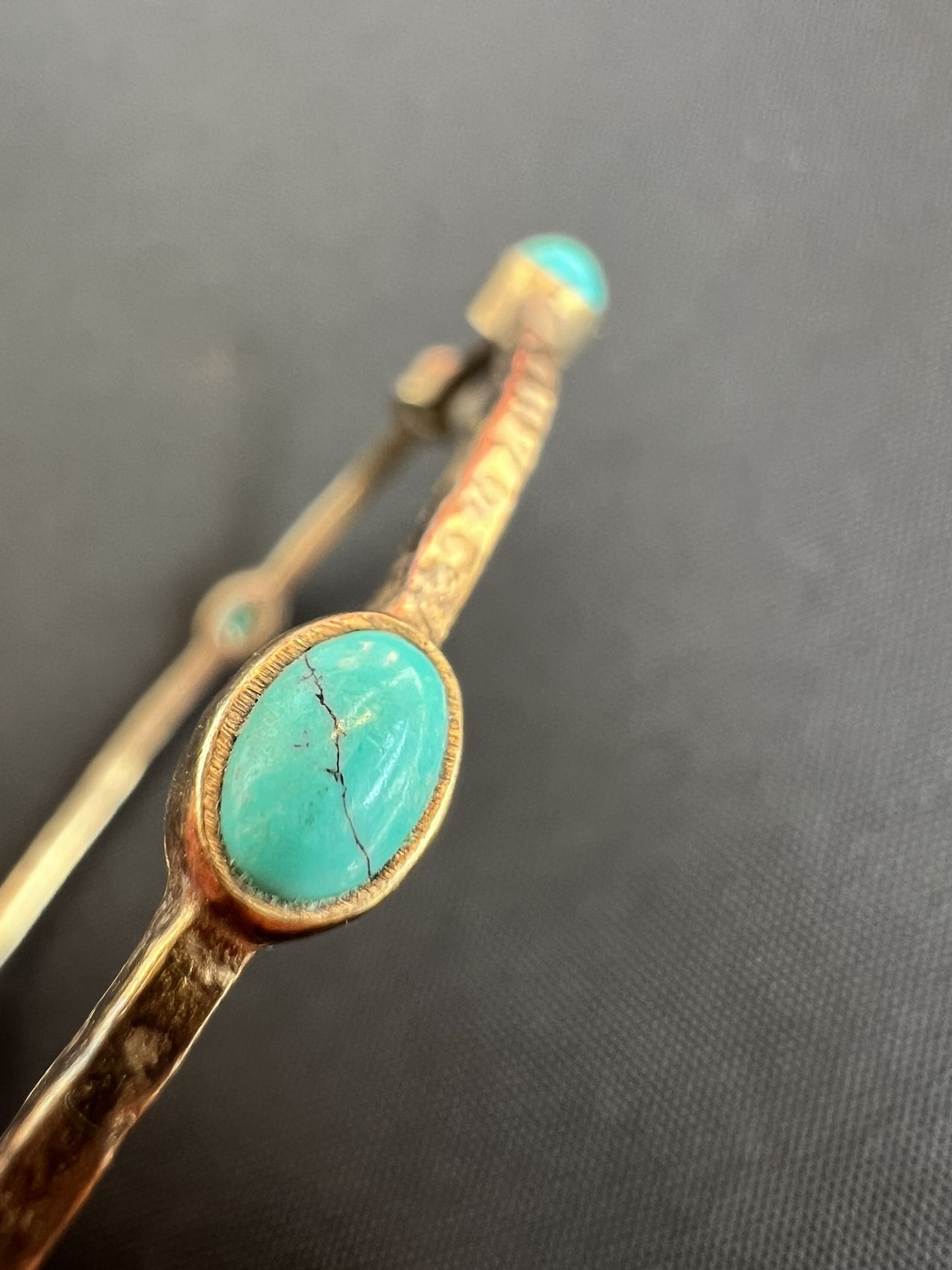 Vintage Hammered Brass Bangle with Turquoise Cabochons – Ethnic Tribal Style Bracelet