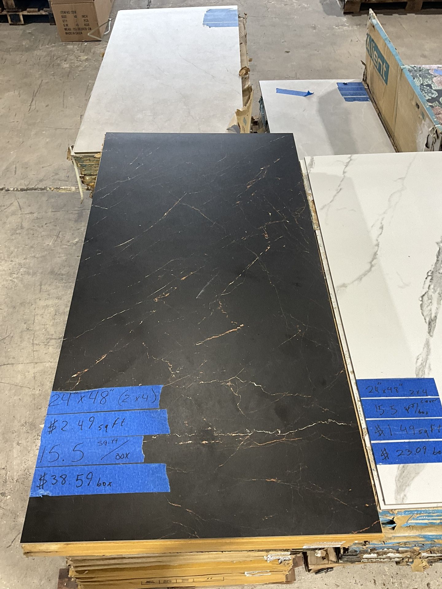 24 in. x 48 in. x 9 mm Polished Porcelain Floor and Wall Tile (15.5 sq. ft./Box) $2.49 /Sq.ft Luke’s liquidations warehouse Address: 2434 N Forsyth