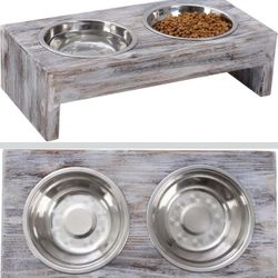 Rustic Gray & White Wood W/ Metal Bowls Raised Dog Cat Bowls Elevated 