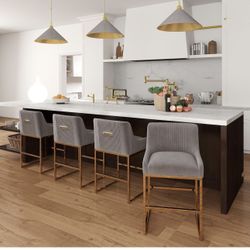 24" Velvet Counter Height Bar Stools Set of 6,Gold Bar Stools with Back, Beige Island Chairs