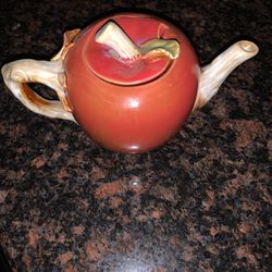 Vintage Red Apple Ceramic Teapot, 3D Stem and Leaves on Lid, Unmarked