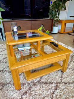Free delivery Vintage 80s Postmodern Tiered Glass & Oak Rolling Coffee Table