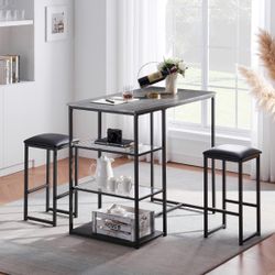 VECELO 3-PIECE PUB DINING SET COUNTER HEIGHT BREAKFAST TABLE WITH CUSHION STOOL, BLACK ASSEMBLED