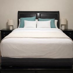 Queen Bedroom Set – Bed Frame + Dresser w/ Mirror + Nightstand (Black)