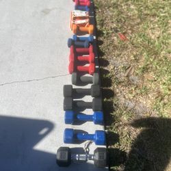 Mix and match assorted rubber dumbbells with a few matching pairs over 100 lbs plus I have a couple more to add. Price is firm and I am not breaking t