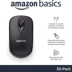 Amazon Basics 2.4 Ghz Wireless Optical Computer Mouse with USB Nano Receiver, Black, 30 Pack