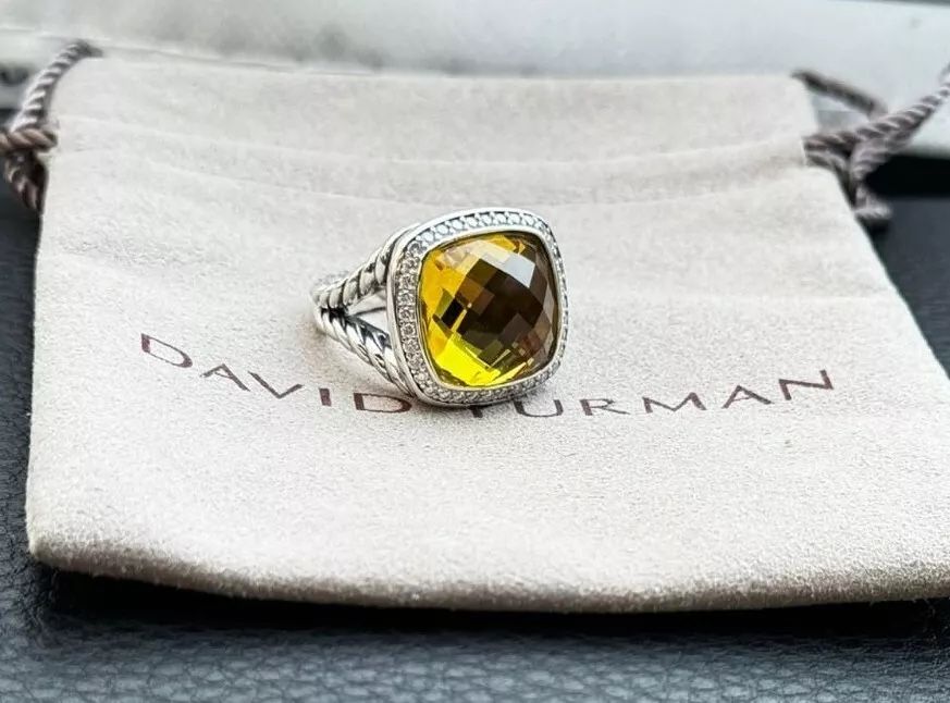 David Yurman Albion 925 Silver 14mm Albion Lemon Citrine & Diamond Ring Sz 7