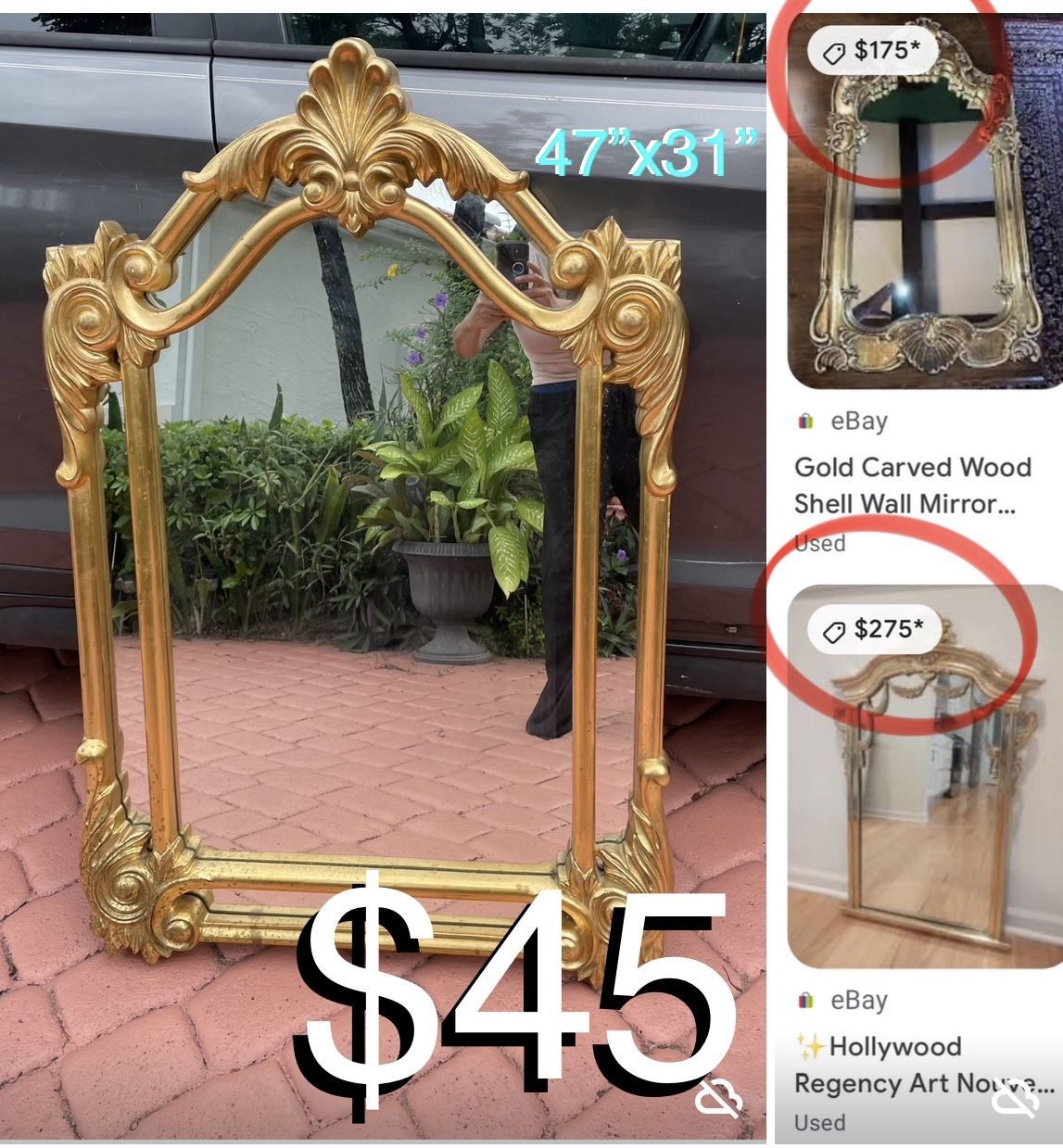 $45 Large Golden Beautiful Mirror 47”x 31” pickup only