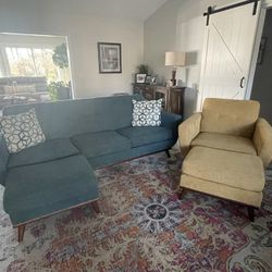Mid-Century Teal Chaise Sofa + Yellow Accent Chair Set