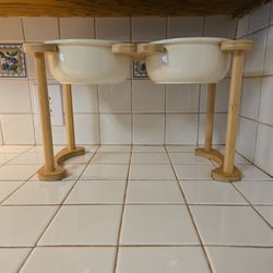Dog Feeder- Dual Bowl Raised Feeder Wood and Ceramic