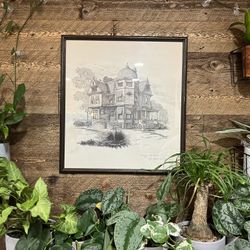 Vintage Moody Maximalist Architecture Ink Drawn Framed Sketch Exterior Elevation House Victorian 1986