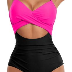  Large One Piece  Tummy Control Cutout High Waisted Bathing Suit Wrap Tie Back 1 Piece Swimsuit