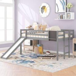 Twin Size Loft Bed with Slide and Stair, Pine Wood Slat Base Bed Frame with Chalkboard, No Box Spring Needed (Gray)  💰160$