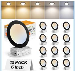 12 Pack 6 Inch 5CCT Black Ultra-Thin LED Recessed Lighting with Junction Box, 2700K-5000K Selectable, 1050LM High Brightness, Dimmable Canless Wafer D